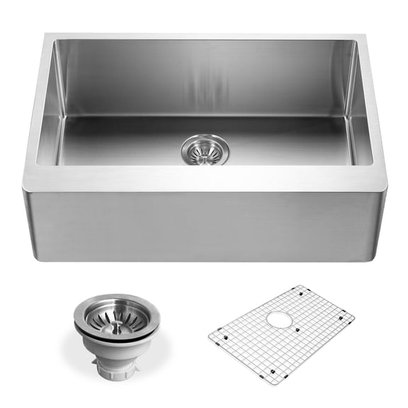Houzer Epicure 30 in Stainless Steel Apron Front Farmhouse Single Bowl Kitchen Sink with Strainer and Grid - ENS-3020