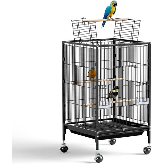 VINGLI Bird Cage with Wheels, 38-Inch Open Top Wrought Iron Bird Cage, Rolling Parakeet Cage for Cockatiels Lovebird Finches Canaries