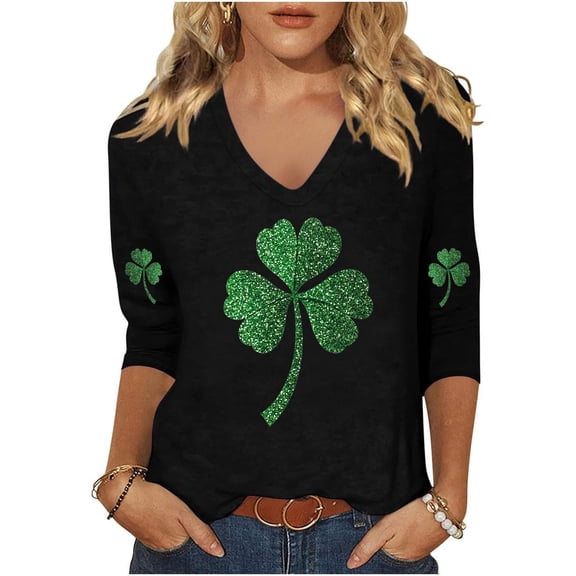 Odbmxy Tee Shirts for Women St. Patrick's Day V-Neck 3/4 Sleeve Shirts for Women Shamrock Black Tunic Holiday Loose Casual Shirts