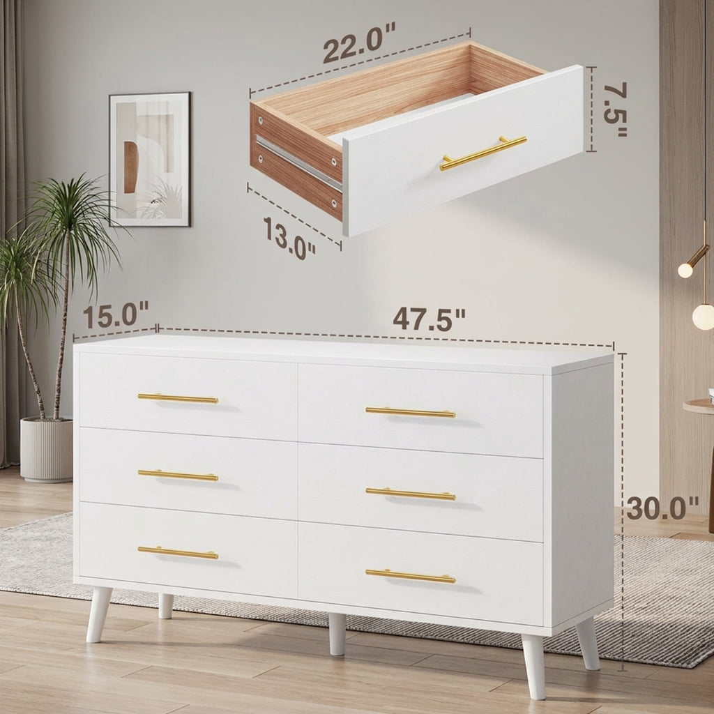 6-Drawer Dresser, 47.5" W White Modern Chest of Drawers with Gold Metal Legs & Handles, Large Capacity Storage for Bedroom & Living Room