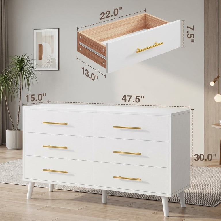 white dresser gold legs Modern 6-Drawer Dresser with Gold Legs and Handles, 47.2" Wide Mid-Century Bedroom Dresser Chest