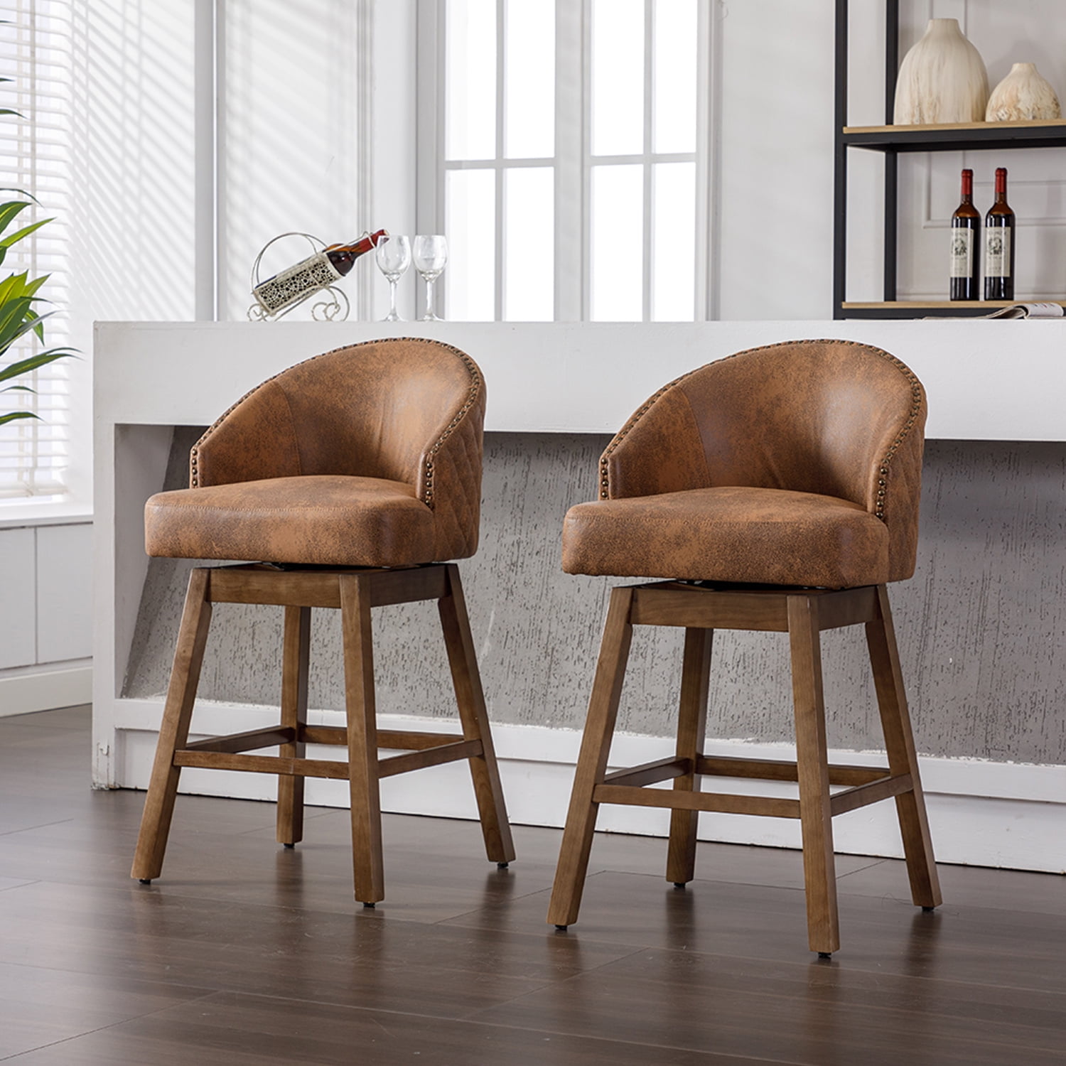 Demi Bonn 39" Counter Height Bar Stools Set of 2, Polyester Upholstered Swivel Barstools with Backrest, Kitchen Island Countertop Chairs for Dining Room, Brown