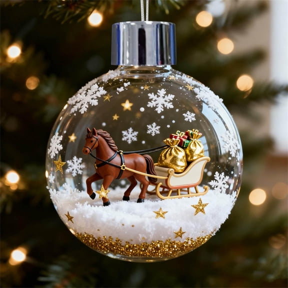 Horse Christmas Ball Ornament, Equestrian Christmas Tree Ornament Clear Acrylic Hanging Bauble with Horse Miniature Gift Boxes Gold Star Details for Holiday Xmas Tree Home Winter Party Decor