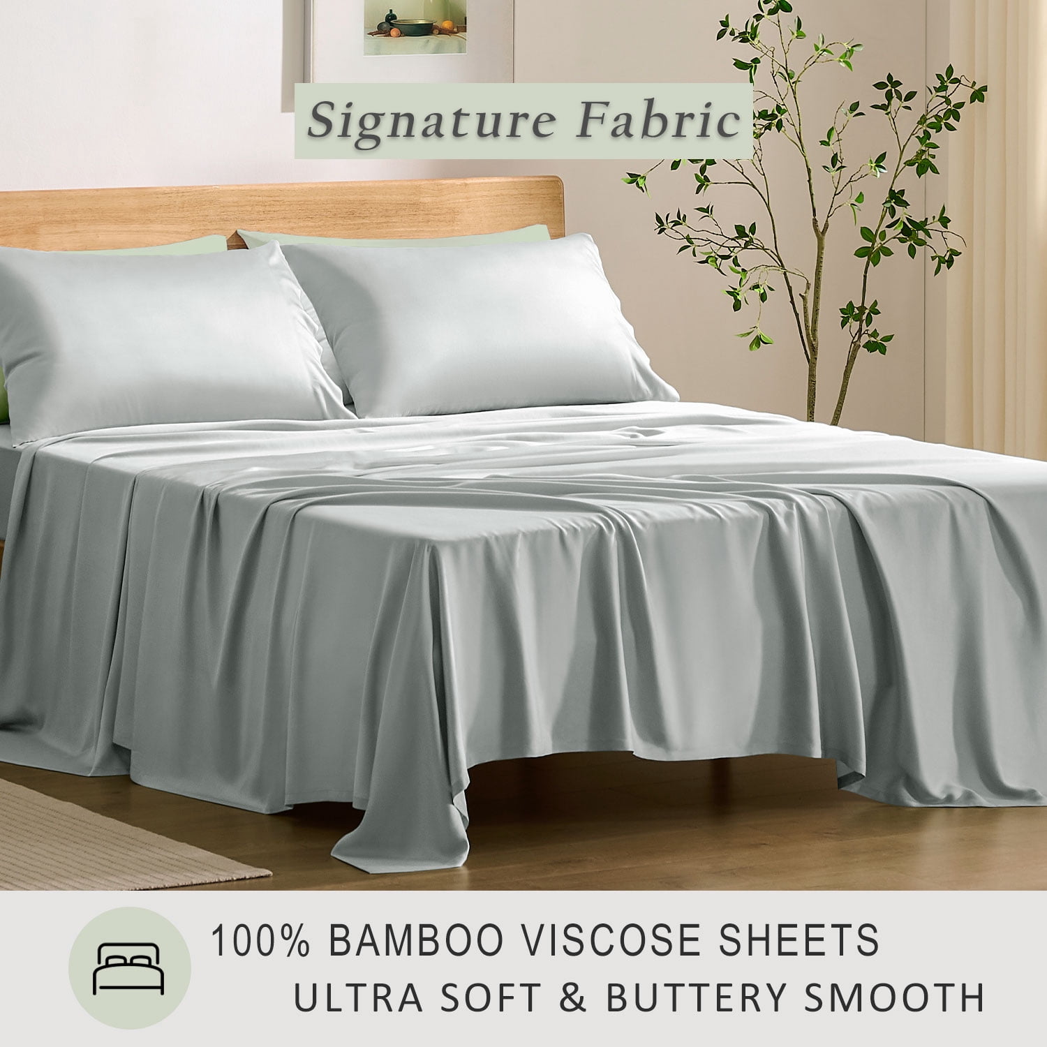 TOSMO Luxury Sheet Set 4 Piece Queen Size - 100% Viscose Derived from Bamboo - 18” Extra Deep Pockets, Oeko-Tex Certified, Silky Soft, Cooling and Breathable
