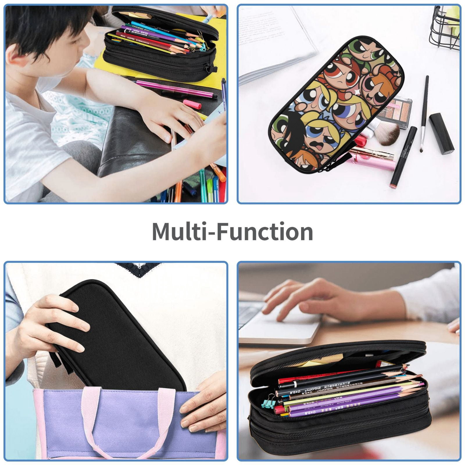 The Powerpuff Gi-rls Pencil Case Large Capacity Pencil Pouch Pen Bag Office Stationery Organizer Travel Makeup Bag Black