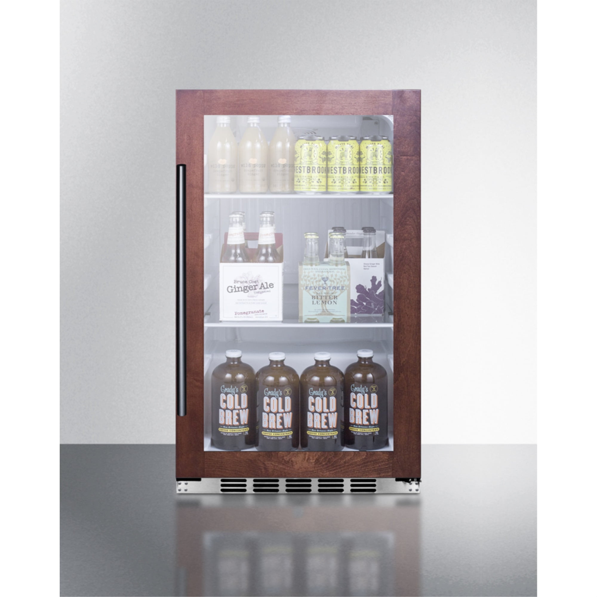 19" wide shallow depth indoor/outdoor beverage center with panel-ready glass door and white interior