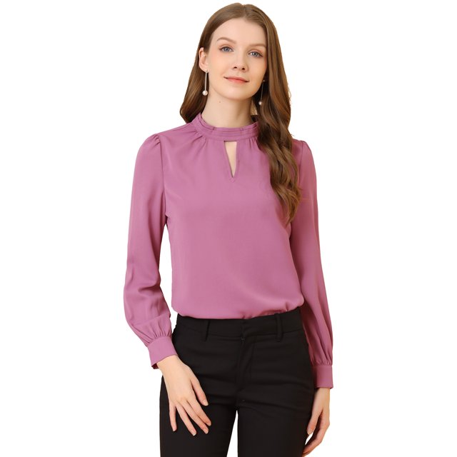 INSPIRE CHIC Women's Keyhole Stand Collar Pleated Back Button Blouse Tops