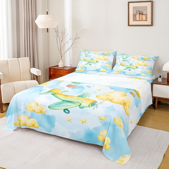 Homewish Cartoon Helicopter Print Twin Sheet Sets, Dreamy Gold Colud Twin Fitted Sheet, Teens Kids Boys Girls Flat Sheet, Lightweight Room Decor, 3 Pieces