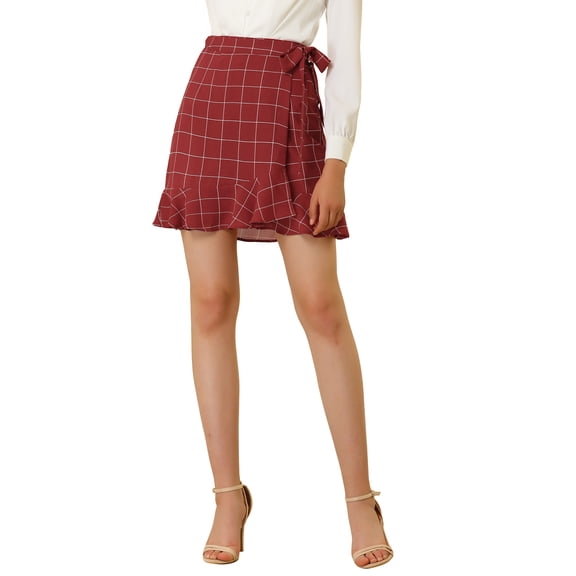 Allegra K Women's Plaid Tie Waist Short Ruffle Wrap Skirt