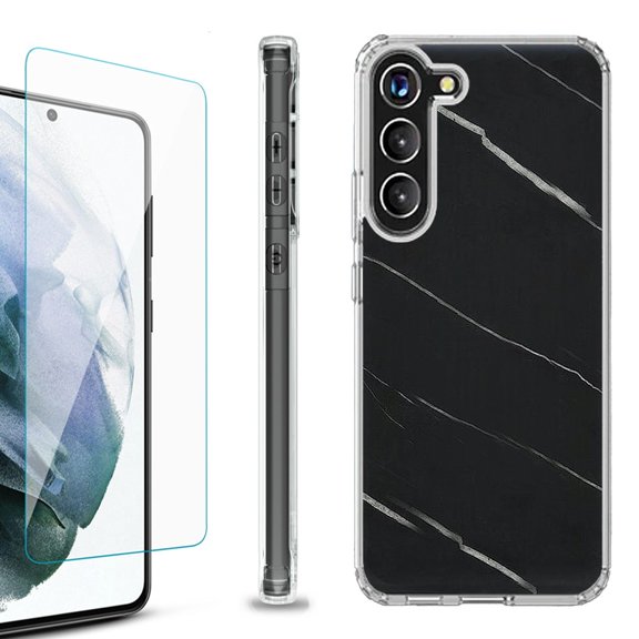 Shockproof Bumper Phone Case for Samsung Galaxy S23 5G, with Tempered Glass Screen Protector, by OneToughShield ® - Marble / Black