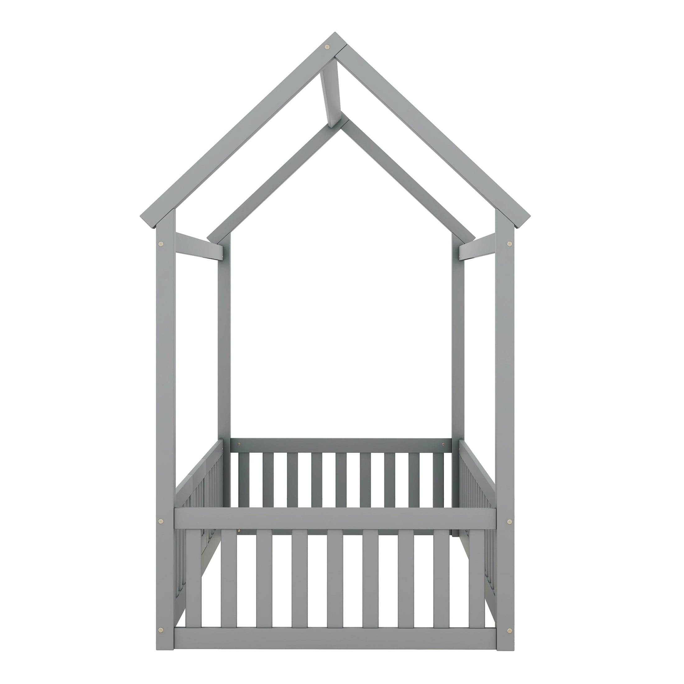 Noble House Solri Twin Size Wood House Bed with Fence and Door, Whimsical Play Bed with Sky Roof, Gray