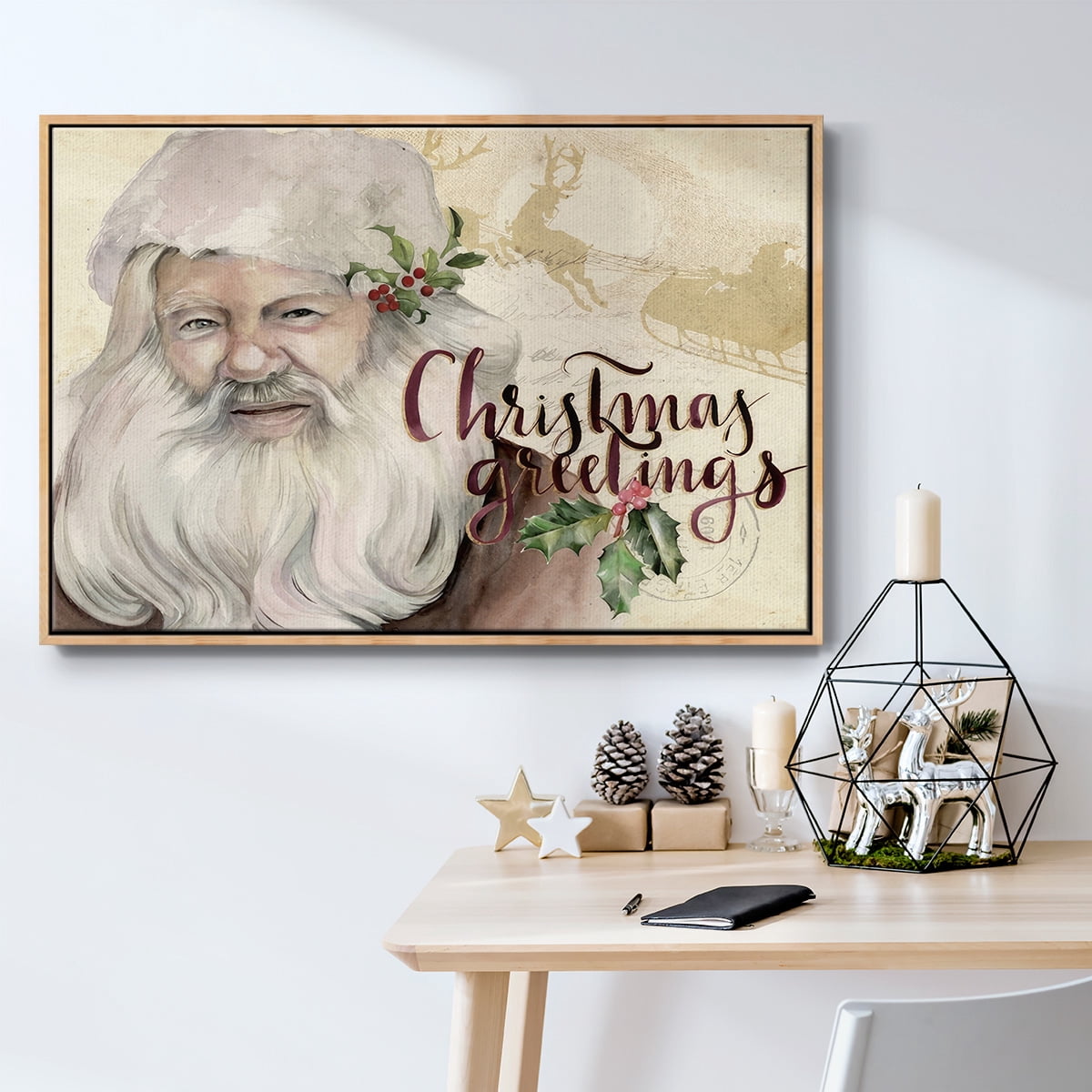 Christmas Greetings Collection A - Framed Gallery Wrapped Holiday Canvas - 17 x 25 - Natural Wood Frame