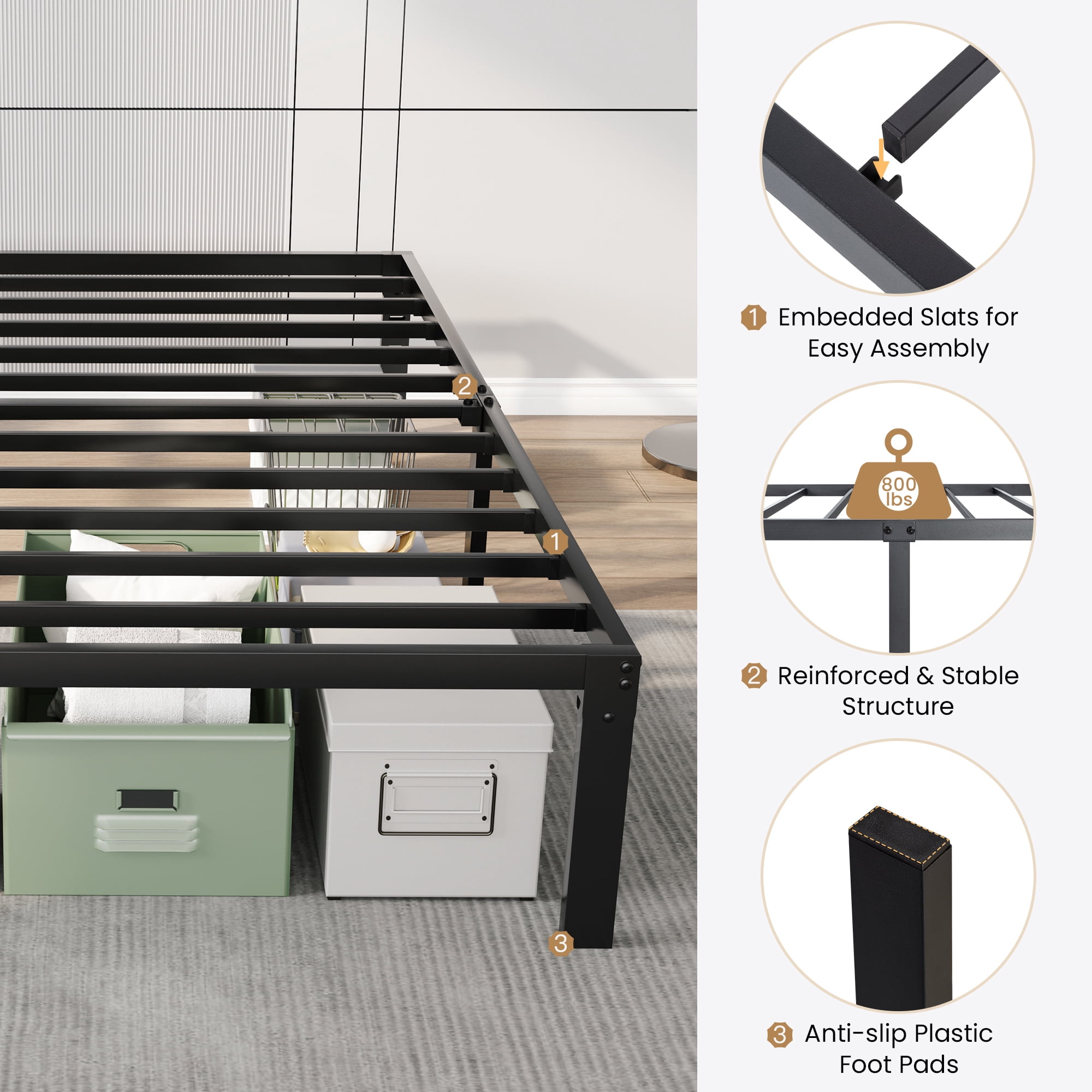 Merrland 14" Twin Bed Frame, Metal Platform Bed with Under-bed Storage, No Box Spring Needed, Easy Assembly, Black