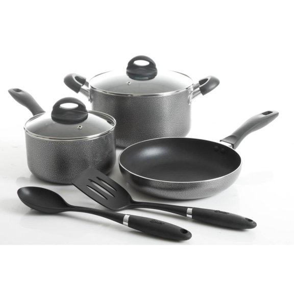 Oster Clairborne Batterie de cuisine 7 pièces en aluminium avec ustensiles de cuisine, gris anthracite avec poignée en bakélite