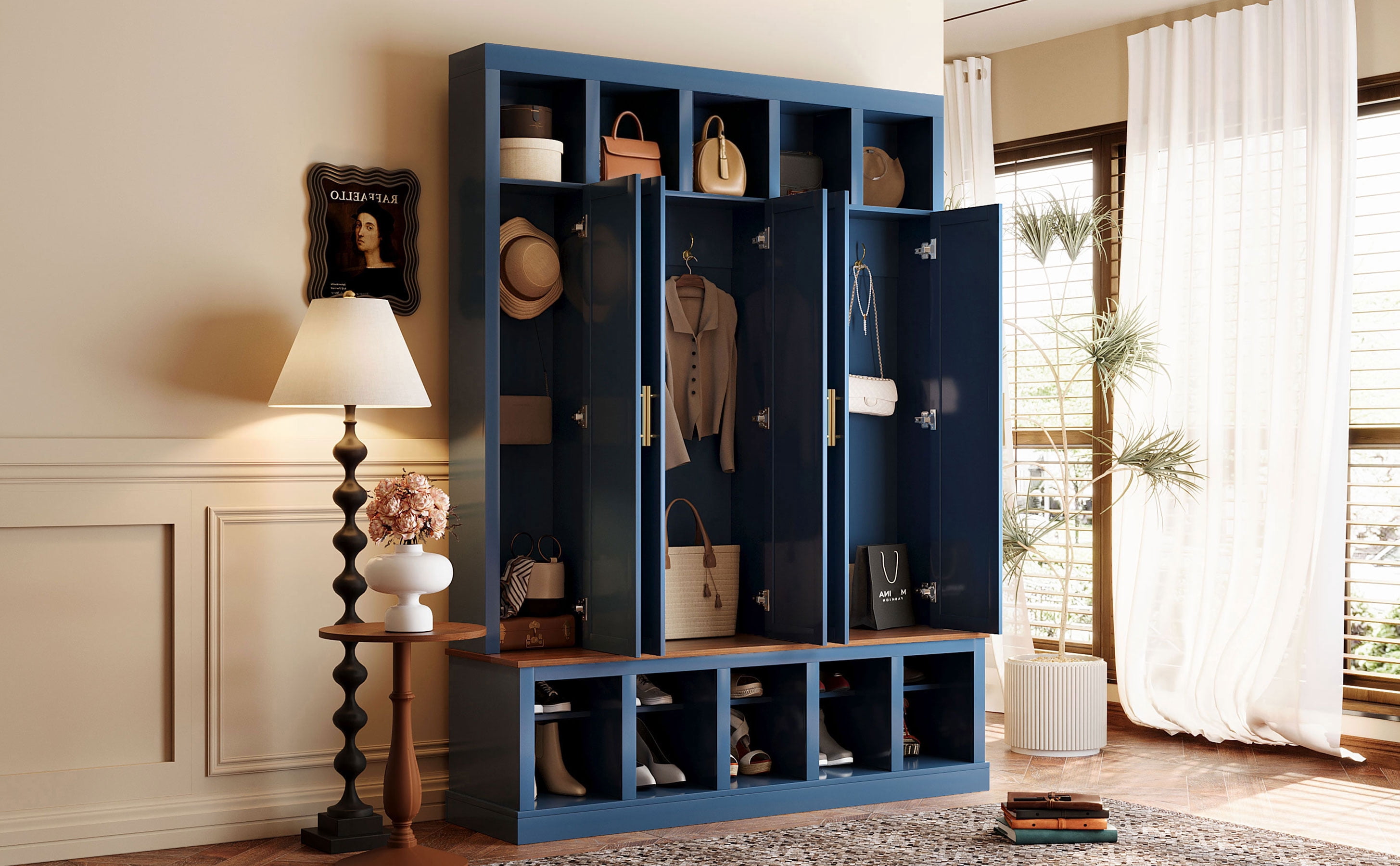 Mintazer 76” Tall Farmhouse Hall Tree with Shoe Rack Bench & Display Cubbies, Storage Cabinet with 3 Doors Closet for Entryway, Living Room, Bedroom, Navy Blue