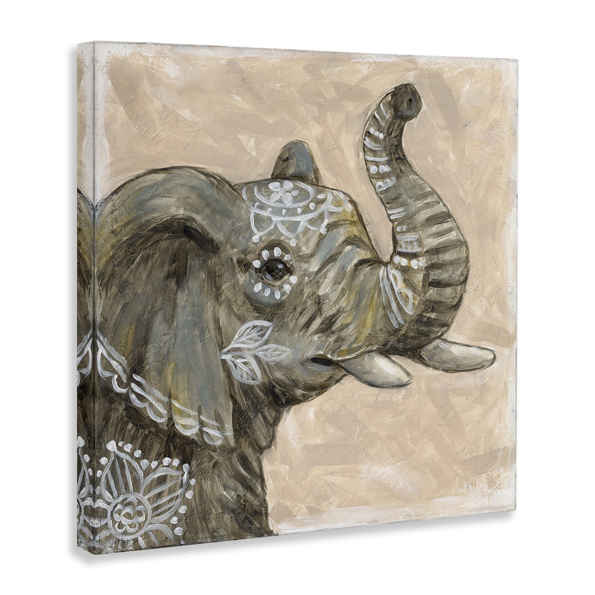 Stupell Industries Boho Patterned Elephant Animals Painting Wrapped Canvas Art Print Wall Art, 24 x 24