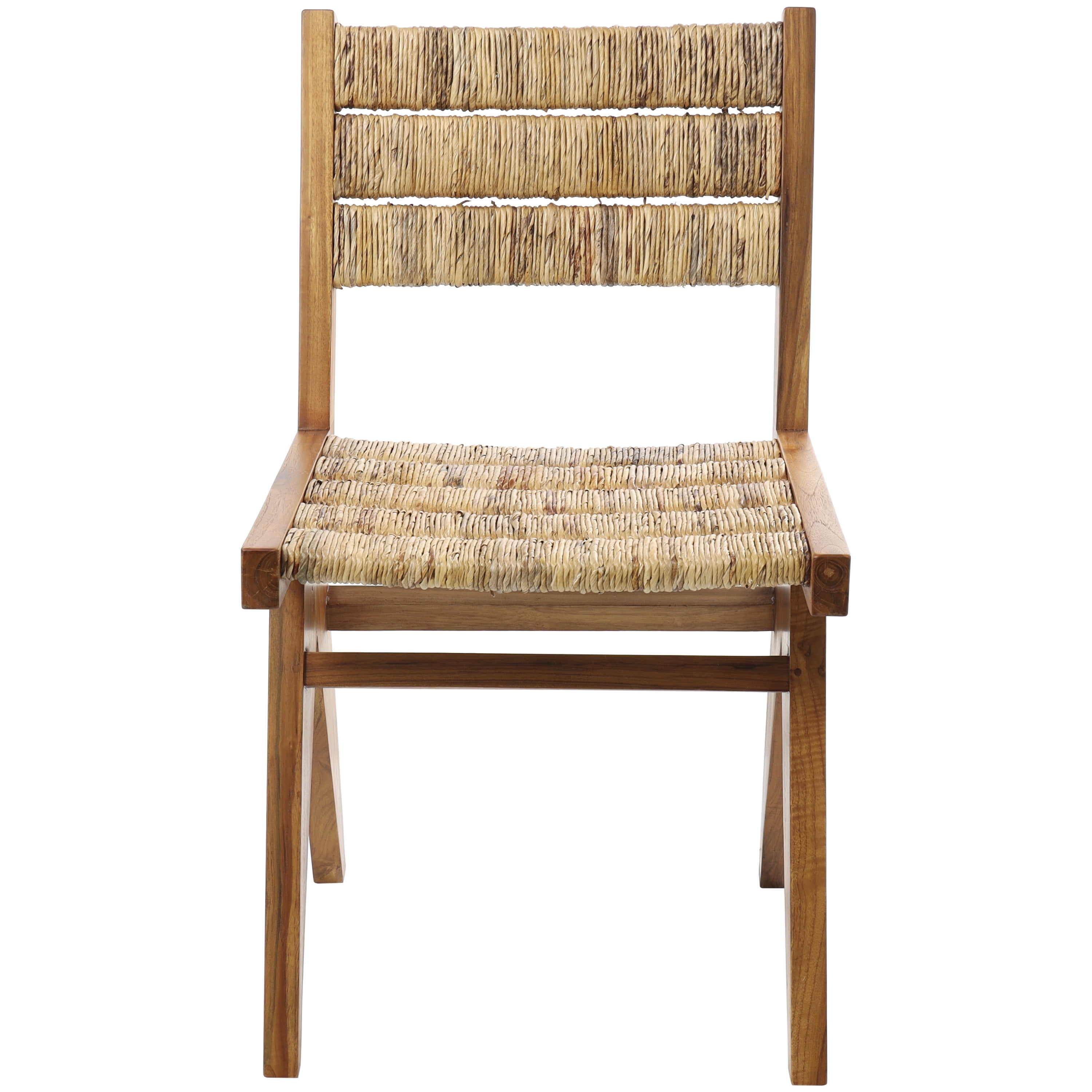 DecMode Teak Wood Handmade Mid-Century Lounge Chair with Wrapped Banana Leaf Seat, Light Brown, Set of 2