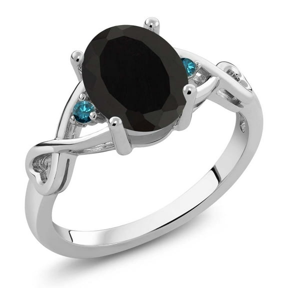 Gem Stone King 925 Sterling Silver Black Onyx and Blue Diamond Women Ring (2.06 Cttw, Oval 9X7MM, Size 5)