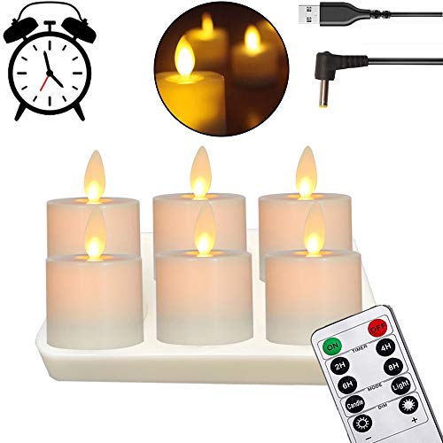 Rechargeable LED Battery Operated Tea Lights Remote Control Gift Pack of 12 Votive Candles for Christmas Halloween Realistic and Bright Flickering Flameless Tealights with Moving Wick USB