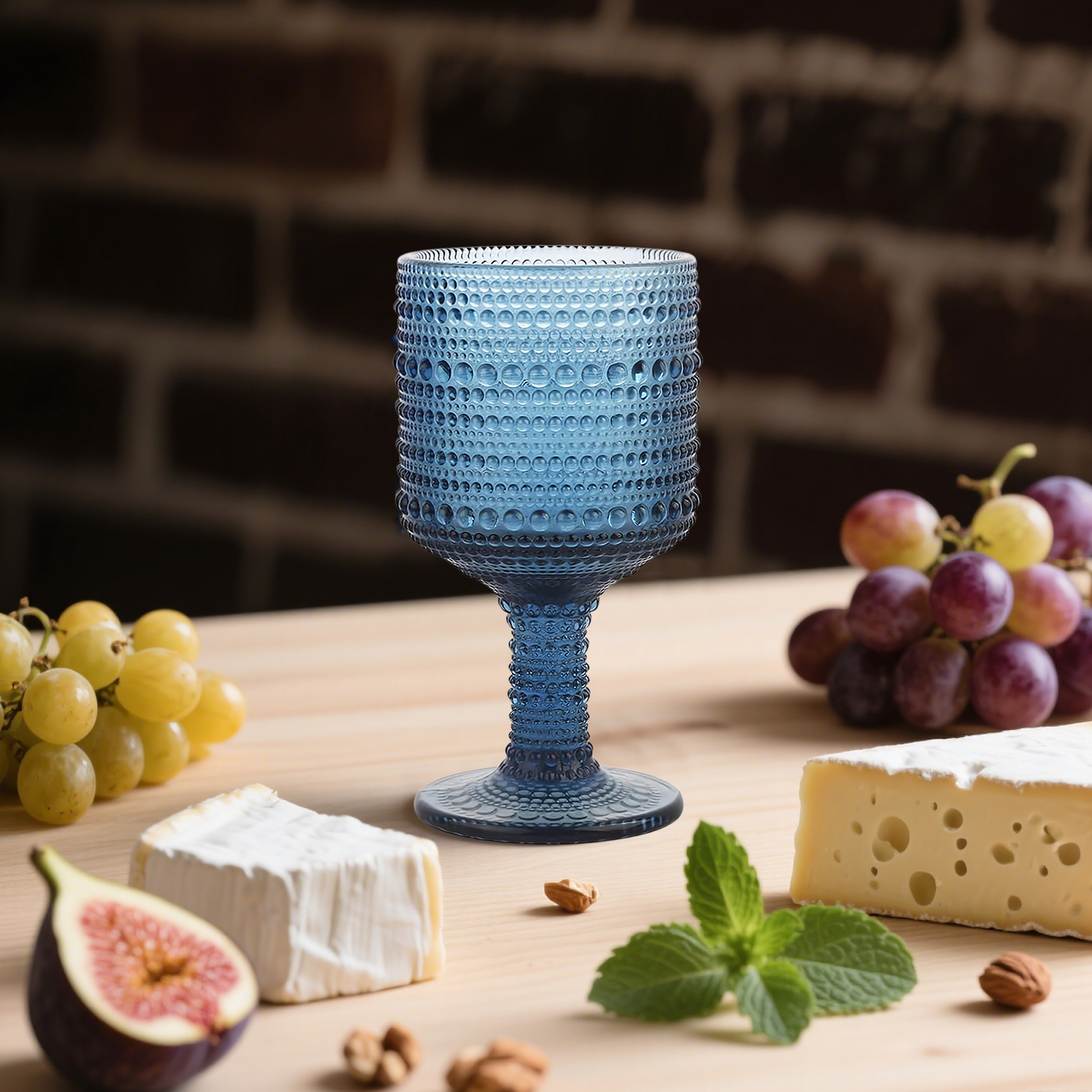 10 Oz Glass Wine Glasses, Set of 6 Stemmed Small Wine Glasses, 300ml Vintage Dot Relief Cups, Blue