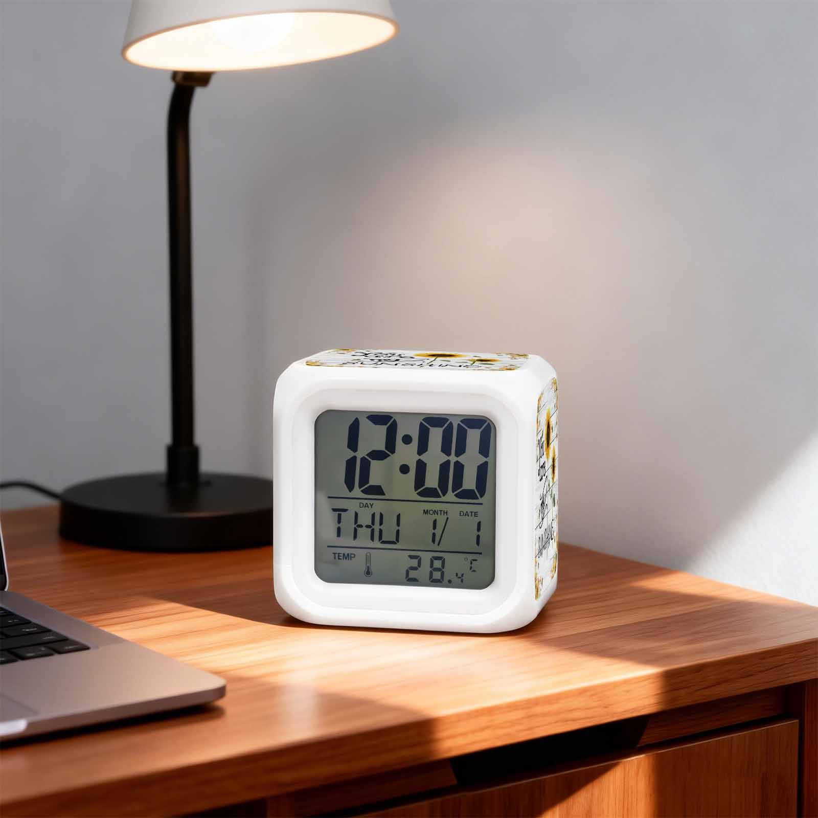 Alarm Clocks You Are My Sunshine Digital Clock 7 Color LED Night Light Silent Non-Ticking Battery Operated Bee Sunflower Wooden Cube Clocks Decorative for Bedroom Bedside Living Room Office School