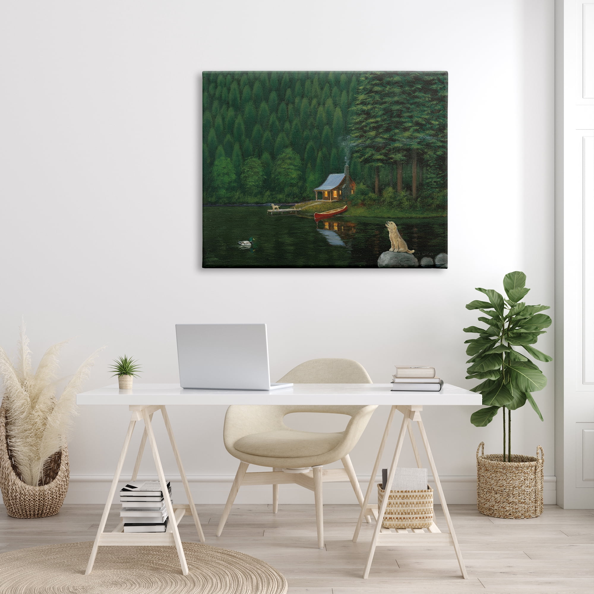 Stupell Industries Log Cabin Lakehouse Scene Pet Dogs Tree Forest, 48 x 36, Design by James Wiens