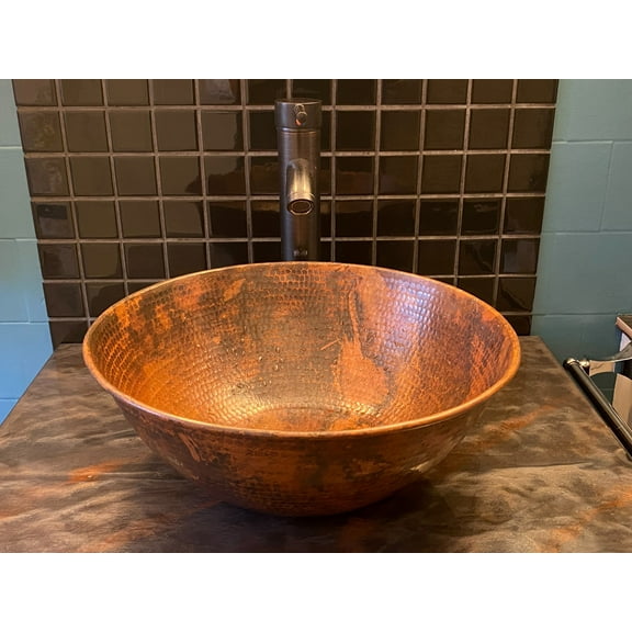SimplyCopper 14" Round Copper Vessel Sink in Natural Patina