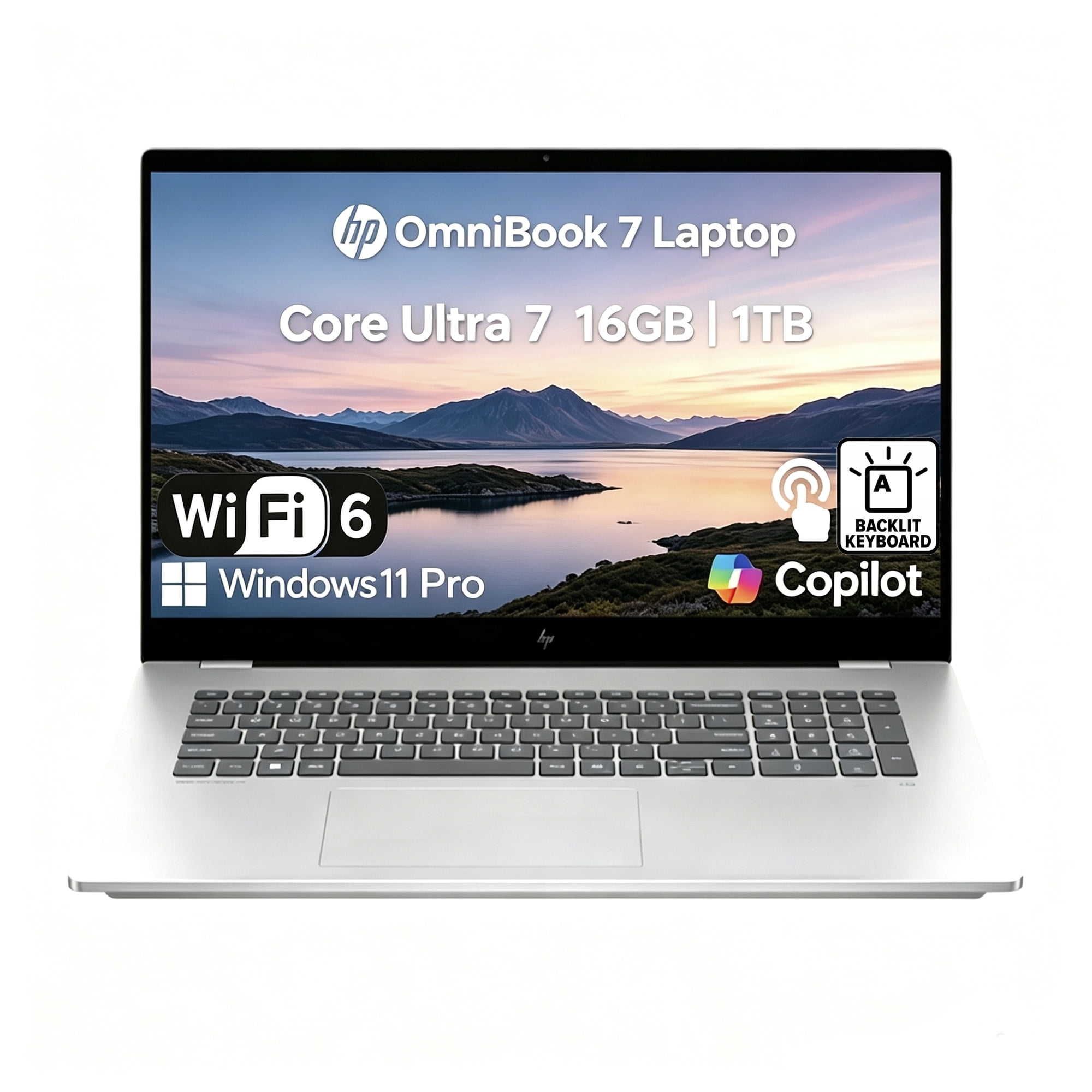 New HP OmniBook 7 17.3" Next Gen AI PC, FHD Touchscreen Display, Intel Core Ultra 7 256V, 16GB RAM, 1TB SSD, Intel Arc 140V GPU, Windows 11 Pro, Copilot+ PC, Silver, 17-dc0000nr