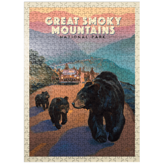 MyPuzzle - Great Smoky Mountains National Park: Bear Jam, Vintage Poster - Premium 500 Piece Jigsaw Puzzle for Adults