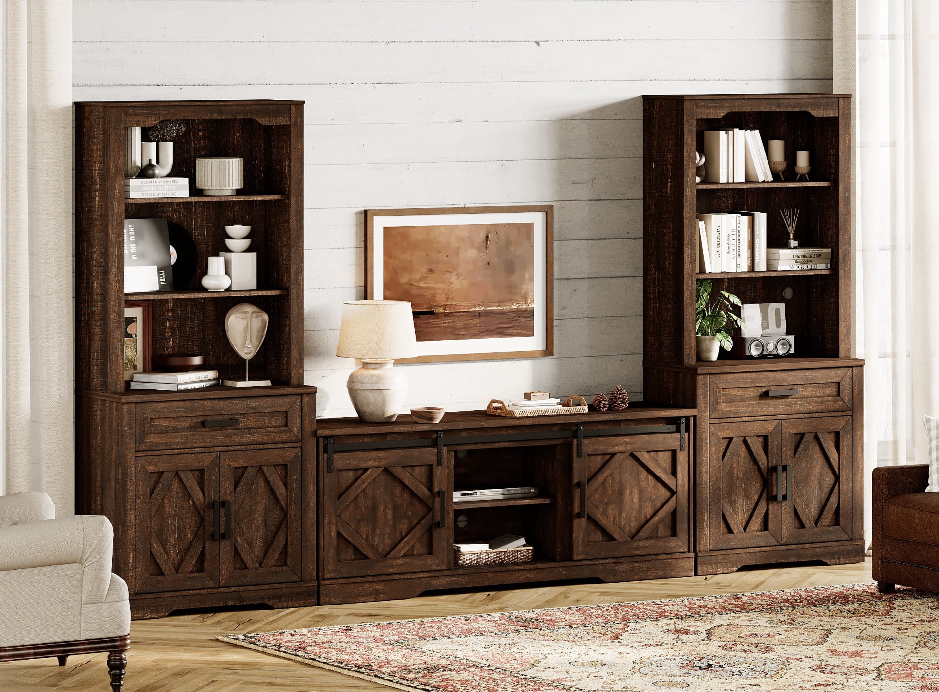 WAMPAT Farmhouse Entertainment Center with Bookshelf for TVs up to 75",Mid Century Modern TV Stand with 73"H Tall 5-Tier Bookcase with Open Storage and Barn Doors for Living Room,Bedroom,Rustic Brown