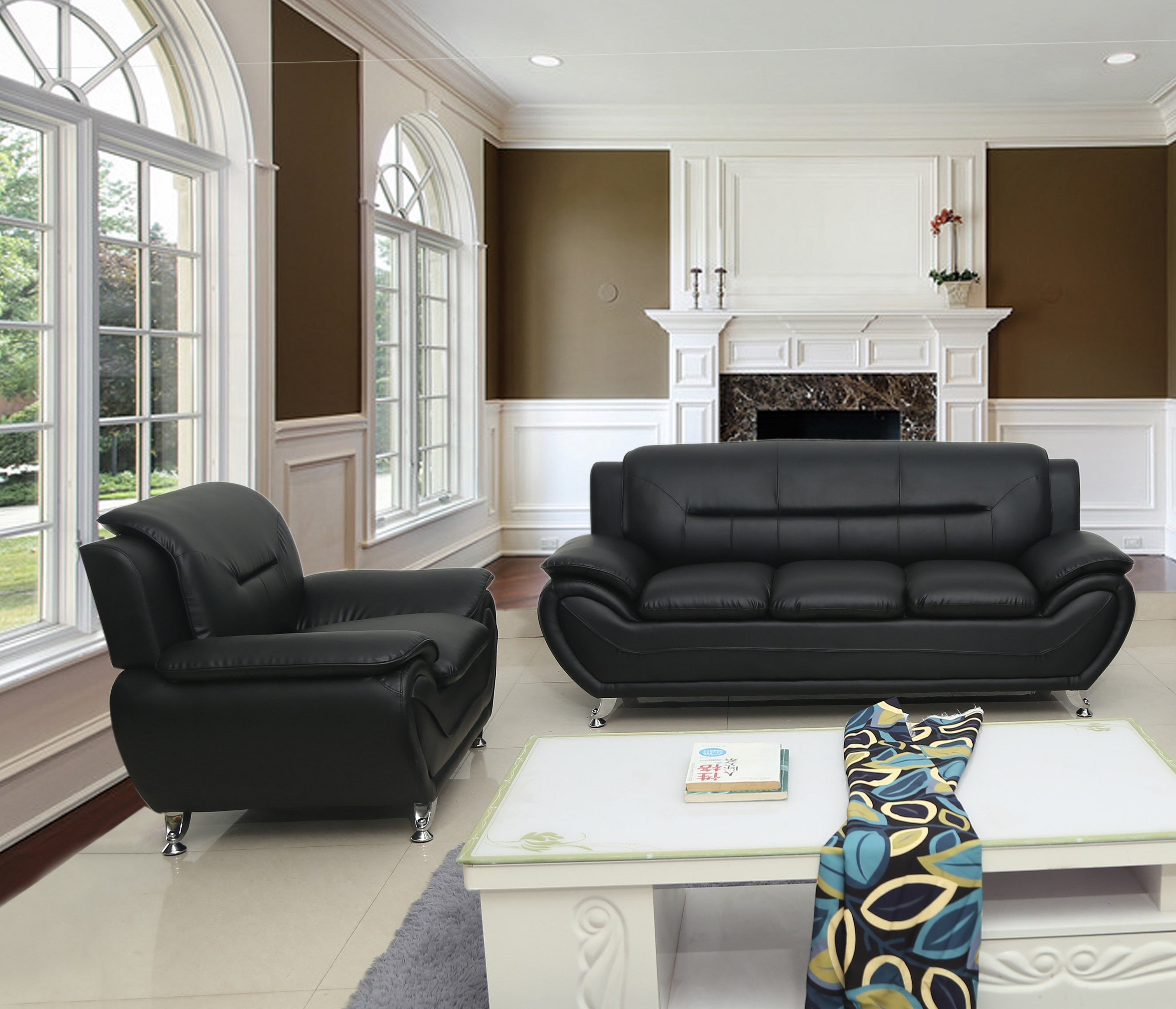 3 piece black leather living room set deals