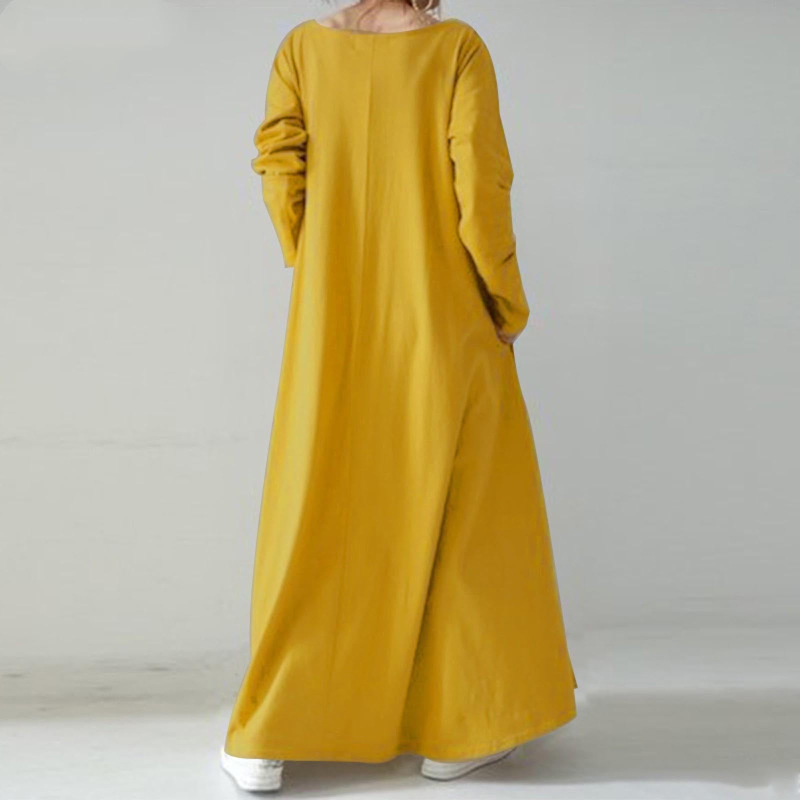 JGGSPWM Women's Long Sleeve Cotton Maxi Dress V Neck Side Pockets Casual Plus Size Daily Vacation Dresses Yellow 4XL