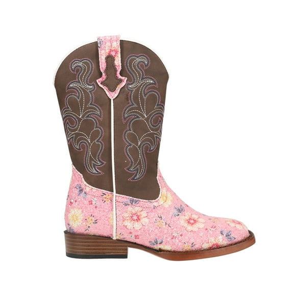 Roper Girls Glitter Floral Embroidered Square Toe Cowboy Mid Calf Boots