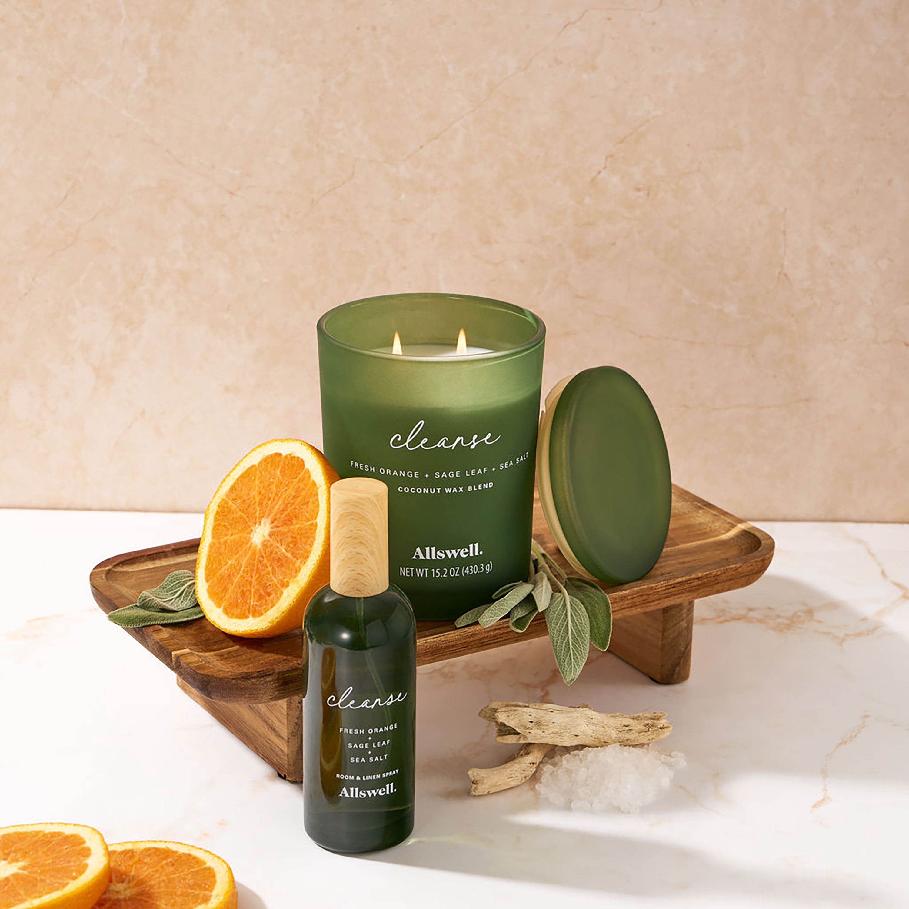 Allswell Cleanse Scented 2-Wick Spa Jar Candle, Fresh Orange + Sage Leaf + Sea Salt, 15.2 oz