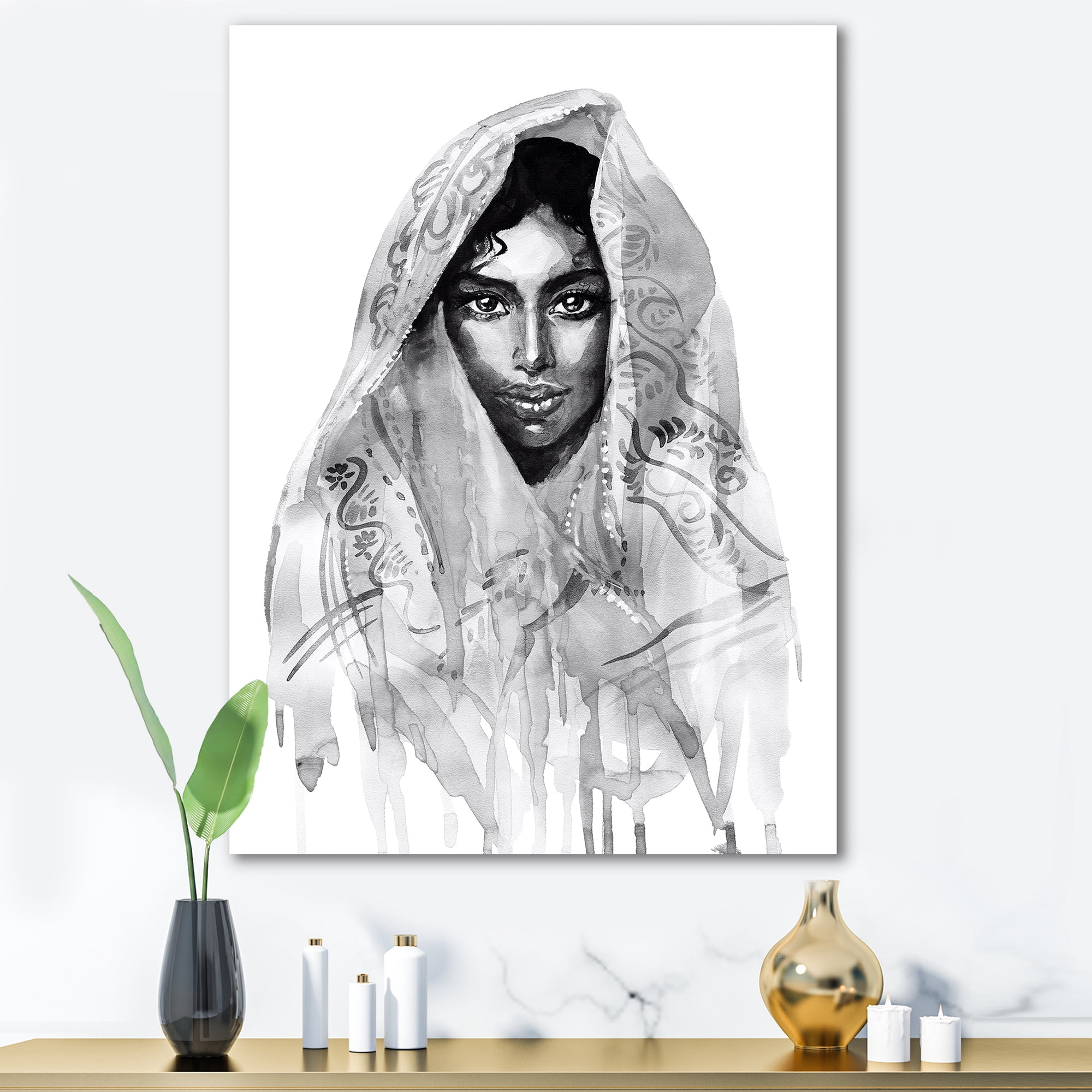 Designart ' Black and White Portrait of Young Indian Woman I ' Modern Canvas Wall Art Print