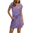 thumbnail image 1 of FRSASU Robes T-Shirt pour Femmes Tendance à Taille Nouée Robe Rayée avec Poches Décontractée Col Ras du Cou Manches Courtes Robe Midi Violet, 1 of 6