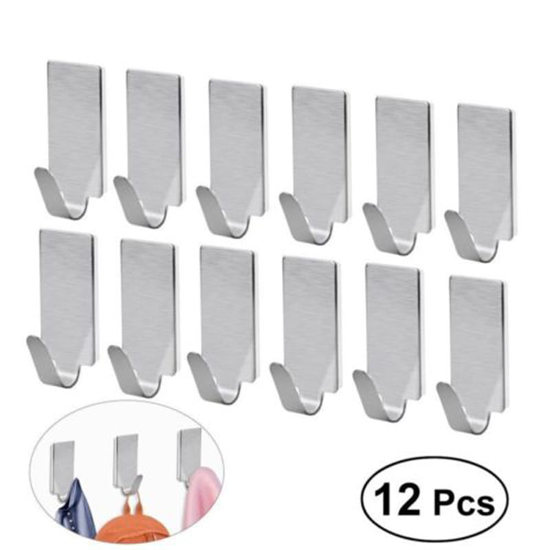 12Pcs Self Adhesive Bathroom Wall Door Stainless Steel Holder Hook Hanger Hooks 