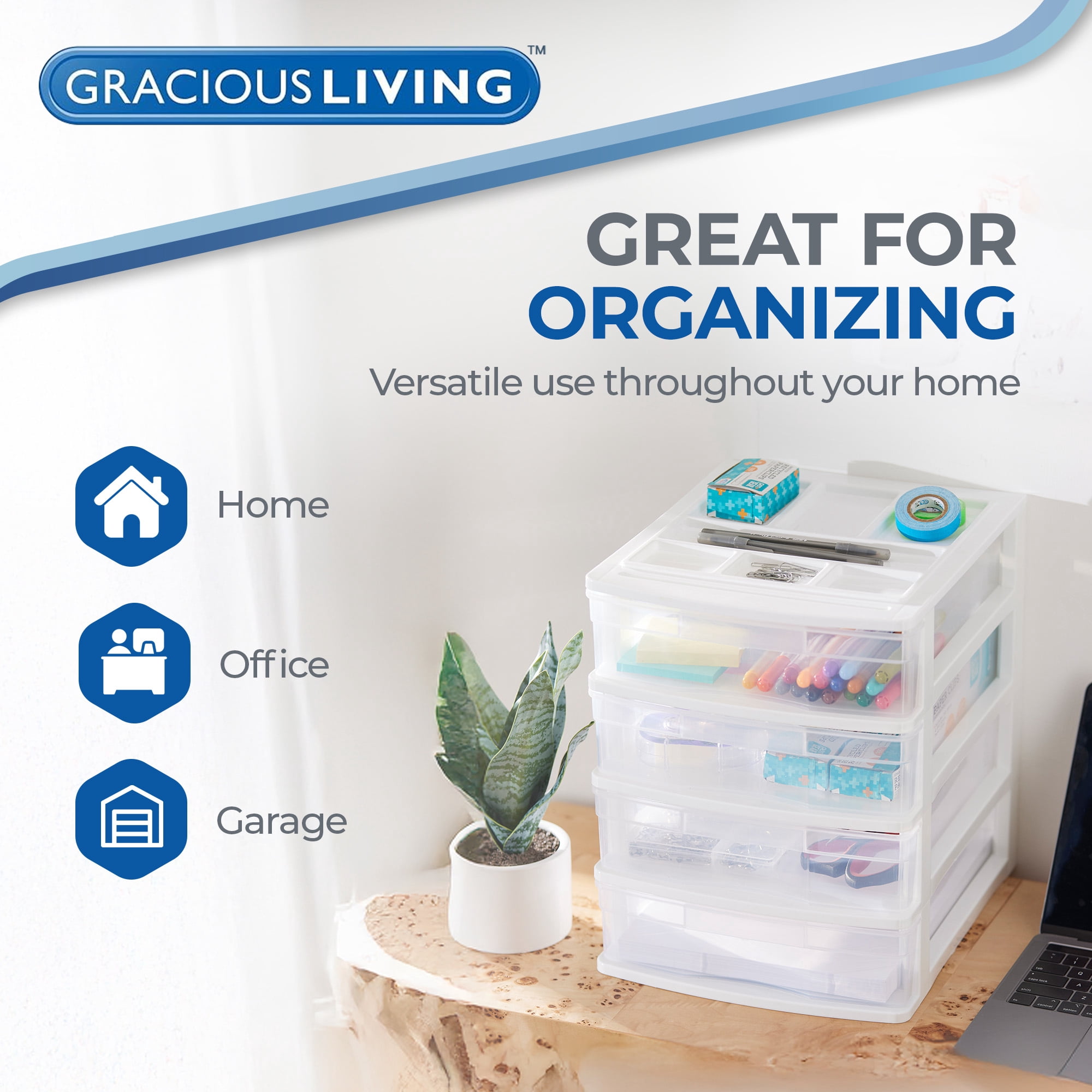 Gracious Living 4 Drawer Clear Plastic Desktop & Countertop Storage Organizer, White Frame