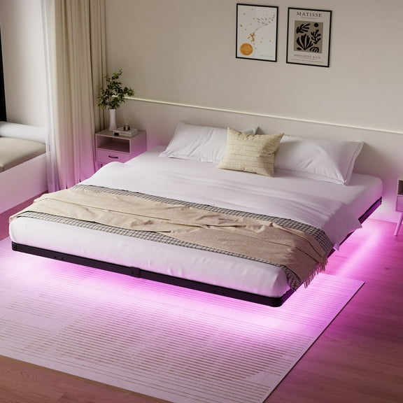 Lusimo King Size Floating Bed Frame with LED Lights Bed Storage Metal Platform Bed Frames with Steel Slat Support Anti-Slip Easy Assembly, Black