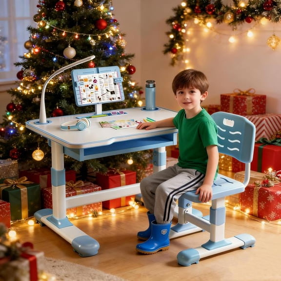 YNCE 2Pcs Kids Desk and Chair Set,Height Adjustable Children's Writing Desk Set with 40-Degree Tilt-able Reading Stand LED Table Light,Bookstand,Drawer,Ergonomic Table Chair Set