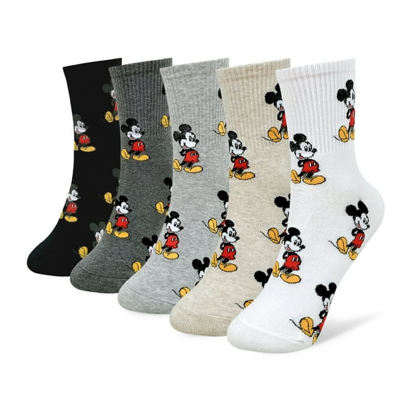 Disney Mickey Mouse Crew Socks Collection, 5 Pairs set, Athletic Striped Design, Multi Color