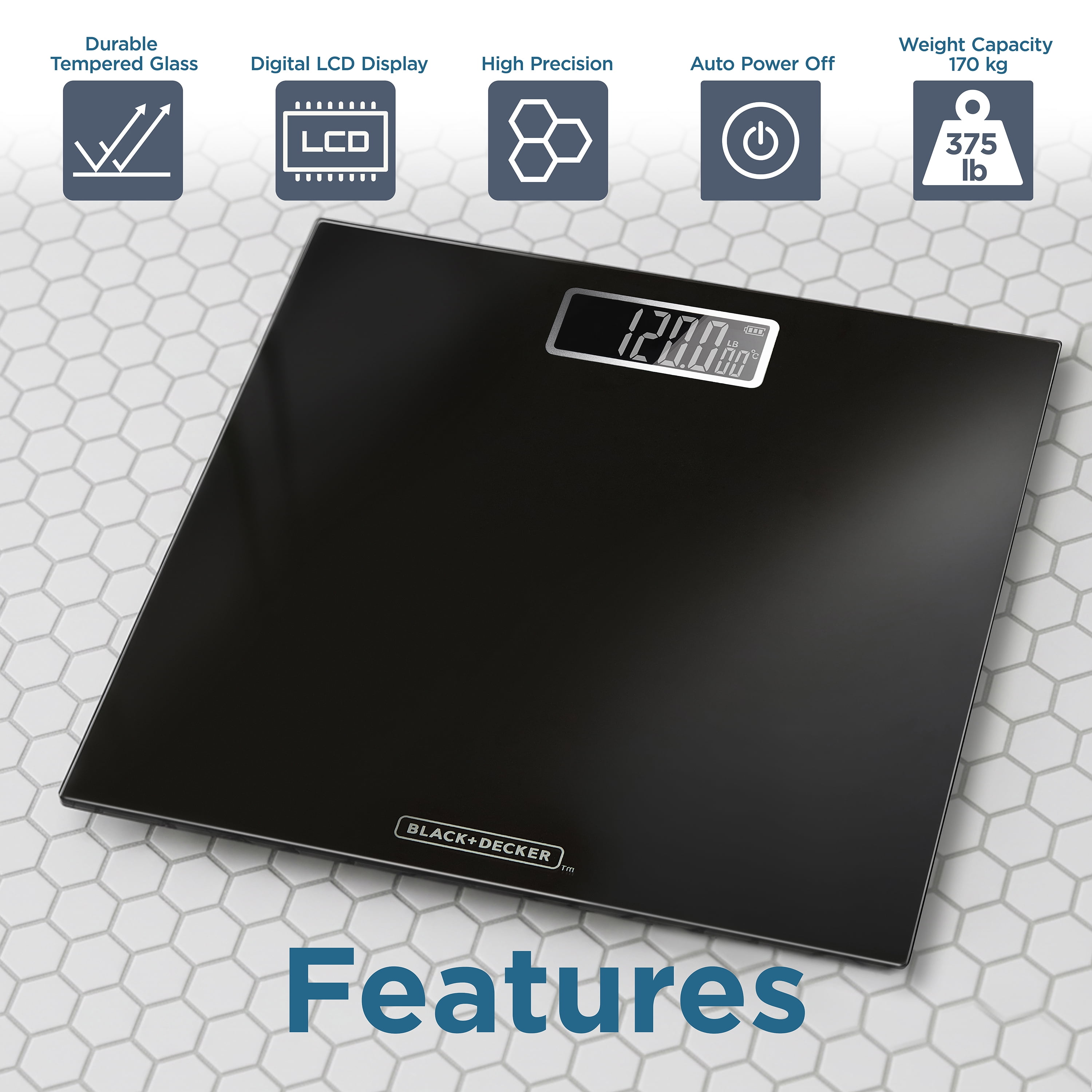 BLACK+DECKER Digital Body Weight Scale, Accurate Weight Measurements, LCD Display, Tempered Glass, Non-Slip, Black