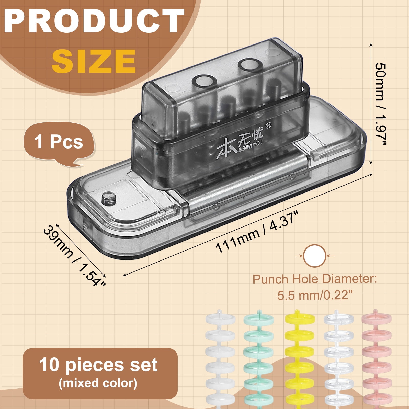 Uxcell 5 Hole Paper Punch, Hole Punch Binding Machine Spiral Coil Binder with 10Pcs 30 Ring Loose Leaf Binder Spines 5 Sheets Capacity for DIY Planner Scrapbook Office, Transparent Black