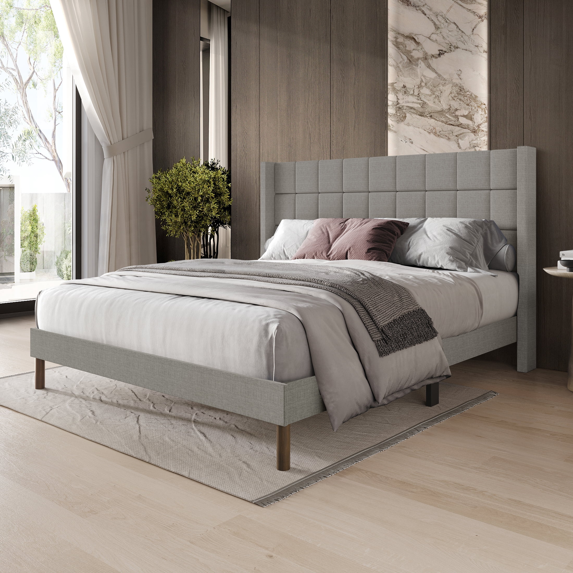 Castle Place Square Grid Stitched Linen Wingback Queen Platform Bed, Light Grey