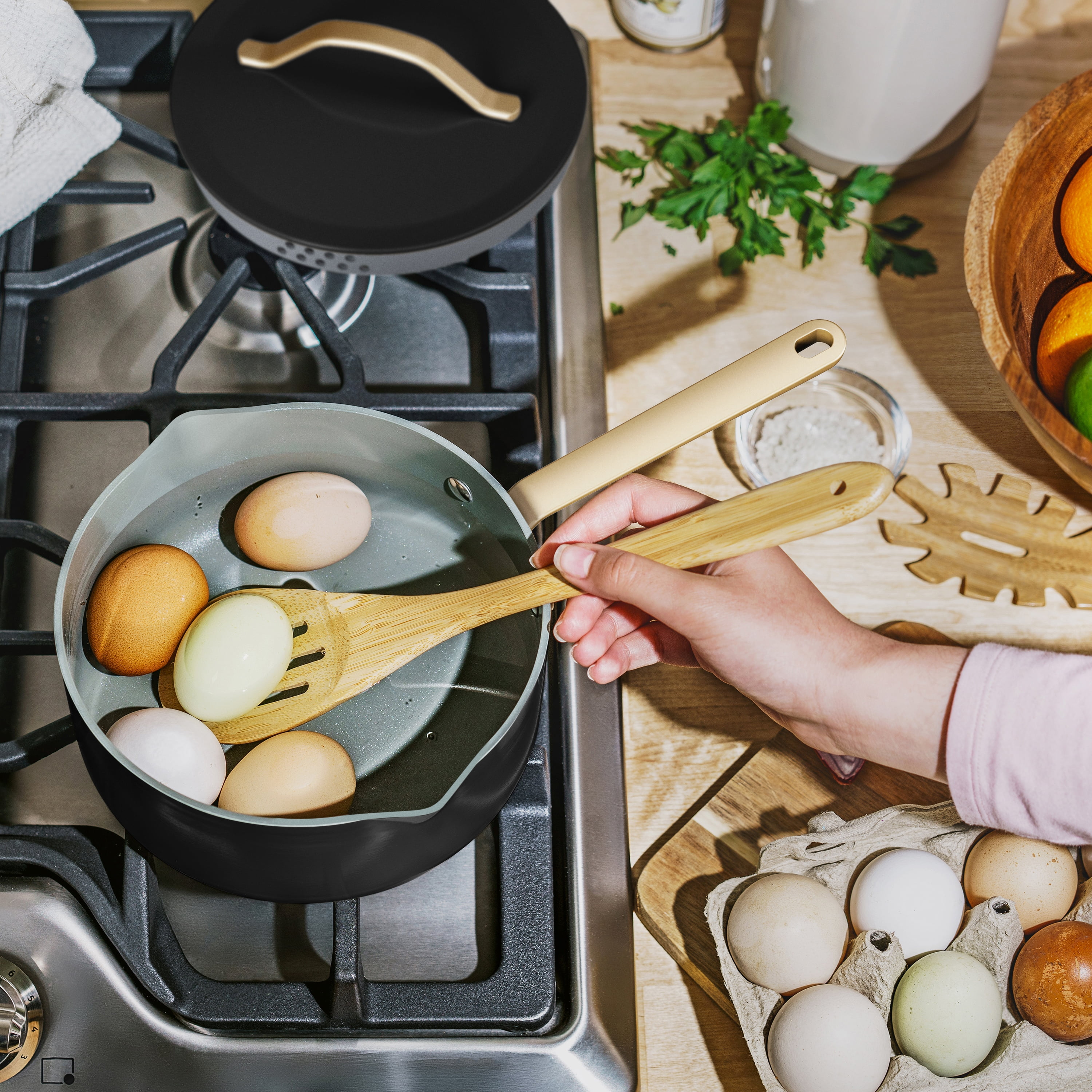 Beautiful 3 Quart Ceramic Non-Stick Covered Sauce Pan with Strainer Lid, Black Sesame by Drew Barrymore