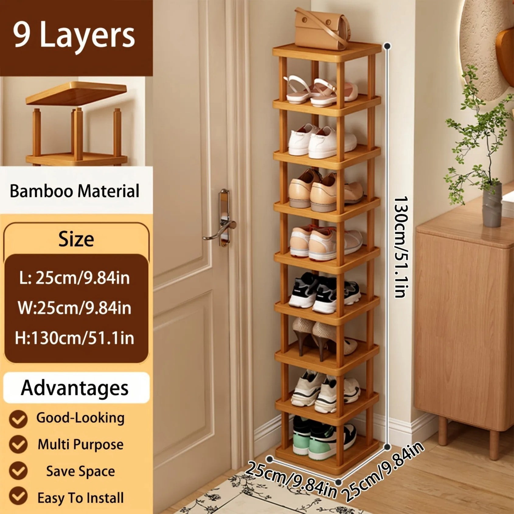 51"H Large Vertical Shoe Rack Organizer, Space Saving Corner Shoe Shelf Tower for Closet Entryway Garage, Brown