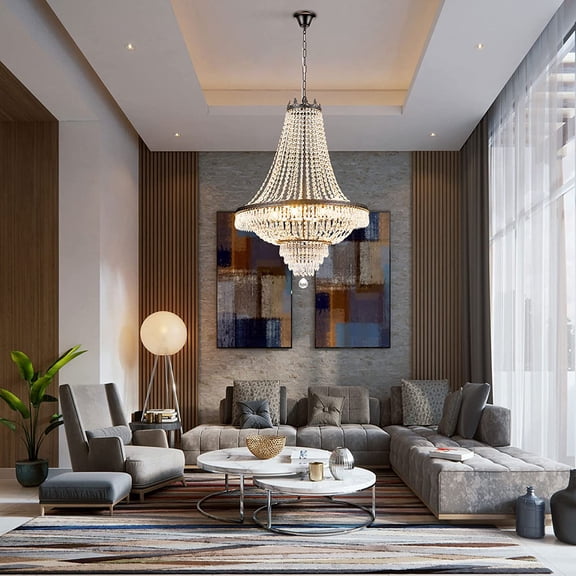 FETCOI French Empire Crystal Chandelier 9 Lights Modern Luxury Pendant Lighting with Adjustable Chain for Dining Room Foyer 24" D x 30" H