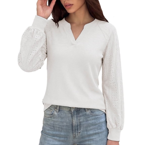StSilkitty Loose Casual Sweatshirt Eyelet Long Sleeve V Neck Sweatshirts Solid Color Fashion Comfy Pullover Shirts