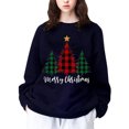 thumbnail image 1 of Gibobby Jersey de forro polar Suéter casual de moda navideña de manga larga con hombros descubiertos y estampado de estrellas de árbol de Navidad tricolor para mujer (Azul, M), 1 of 4