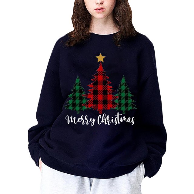 Gibobby Jersey de forro polar Suéter casual de moda navideña de manga larga con hombros descubiertos y estampado de estrellas de árbol de Navidad tricolor para mujer (Azul, M)
